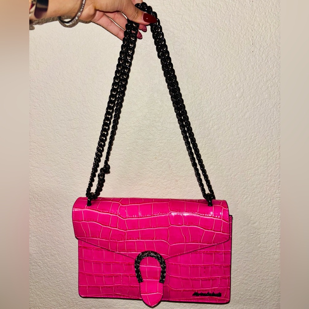 Maria Galanti Pink Croc-Embossed Shoulder Bag with Buckle